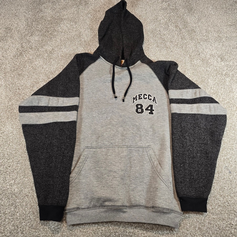 Vintage y2k Mecca 84 Mens Raglan Hoodie Gray Black Athletic Stripe Fleece  Large